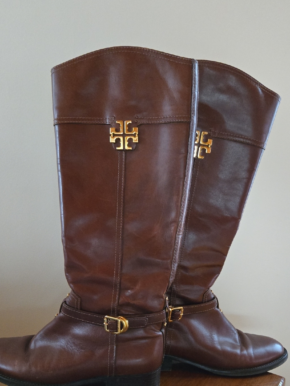 Tory Burch Chestnut Brown Leather Knee Boots with Gold Logo